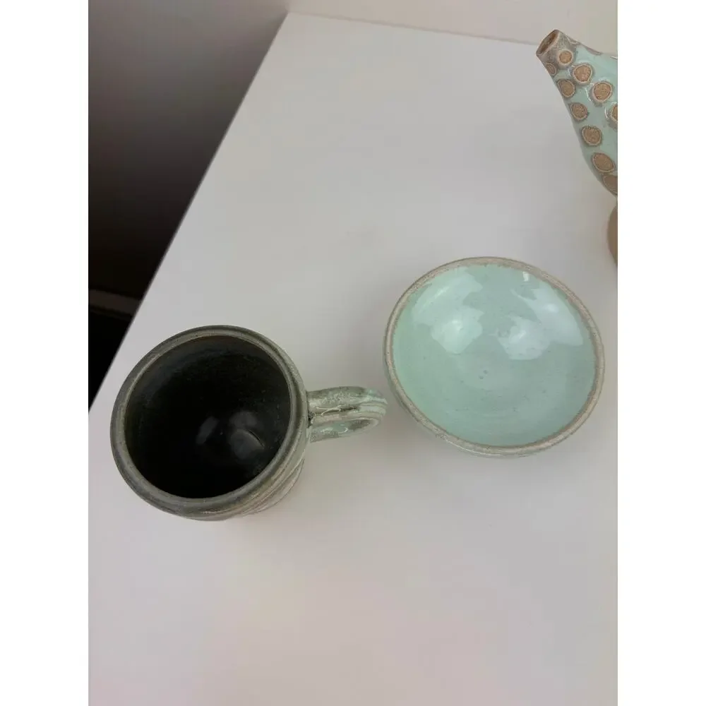 OOAK Blue Beige Ceramic Hand Thrown Pottery Tea Plate Cup Teapot Tea Set 3-Piece